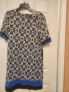 R&K Black & White Geometric Midi Dress with Blue Trim